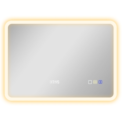 HOMCOM Espejo de Baño con Luz LED 70x50 cm con Bluetooth 3 Colores de Luz Reloj Digital Función Antivaho Función de Memoria