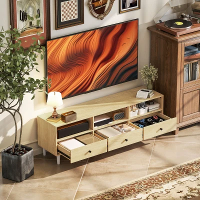 HOMCOM Meuble TV 75" Bois Naturel avec Tiroirs et Étagères