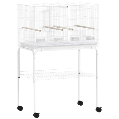 PawHut Jaula para Pájaros con Divisor Comederos Bandeja Extraíble y Soporte para Canarios y Periquitos 76x46x46/116 cm Blanco