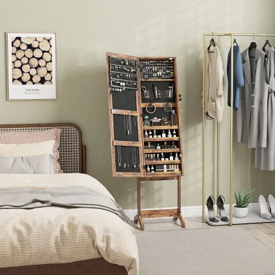 HOMCOM Armoire à Bijoux LED avec Miroir sur Pied Marron