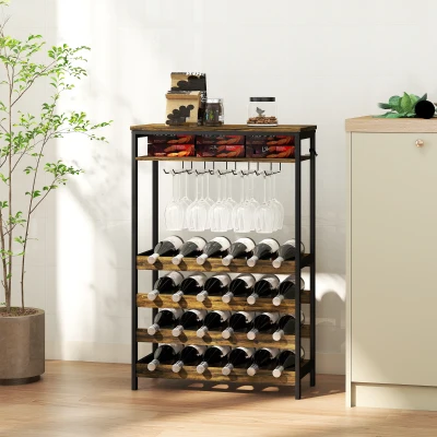 HOMCOM Botellero Vino para 24 Botellas con Soporte para Copas y Estante Abierto 66x30x100,3 cm Marrón Rústico