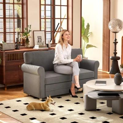 HOMCOM 2-Sitzer-Sofa, Kompakte Wohnzimmercouch, Stoff in Leinenoptik, weiche Sitzkissen, Stahlrahmen, Dunkelgrau