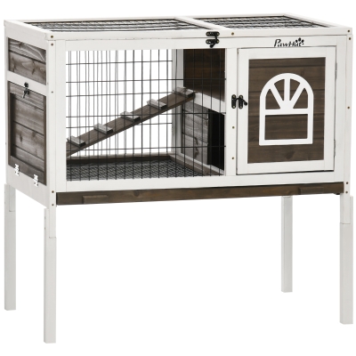PawHut Clapier Lapin Intérieur 90x53x87cm Café Bac Amovible