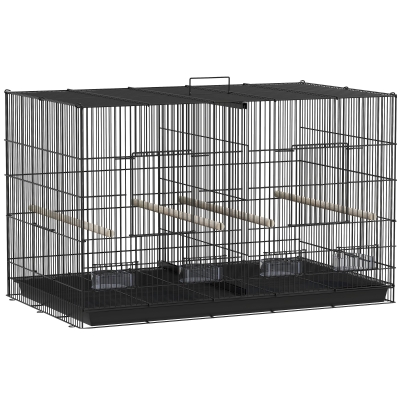 PawHut Jaula para Pájaros con Divisor 4 Comederos 4 Perchas Bandeja Extraíble para Loros Canarios Periquitos 94x57x57 cm Negro