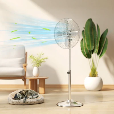 HOMCOM Ventilateur sur pied 50 W réglable en hauteur 87-120 cm, 3 vitesses, oscillation et inclinaison réglables, argent