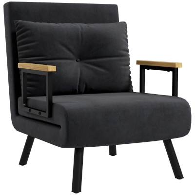 HOMCOM Fauteuil Convertible 3 en 1 Velours Noir Lit 1 Place
