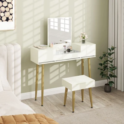 HOMCOM Coiffeuse Blanche Miroir Tabouret 3 Tiroirs Métal Verre