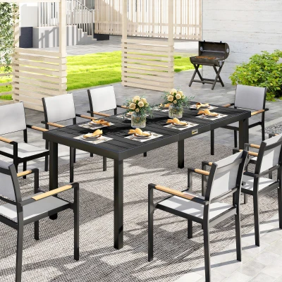 Outsunny Mesa de Jardim Retangular para 8 Pessoas com Bancada de Ripas e Estrutura de Alumínio 190x90x74 cm Preto