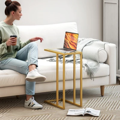 HOMCOM C-Shaped Side Table Glass Top Steel Frame Gold