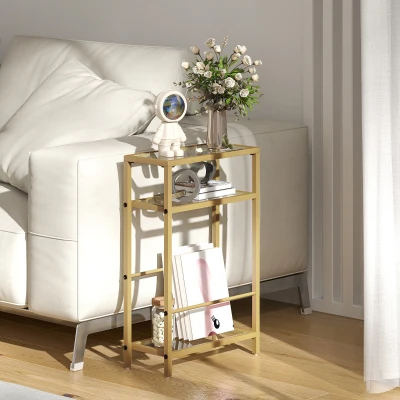 HOMCOM Slim Bedside Table 3-Tier Glass Top Gold