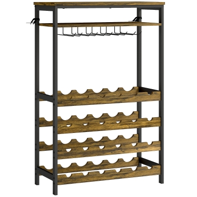 HOMCOM Suporte para Vinho para 24 Garrafas Estilo Industrial com Suporte para Copos e Prateleira Aberta 66x30x100,3 cm Castanho Rústico