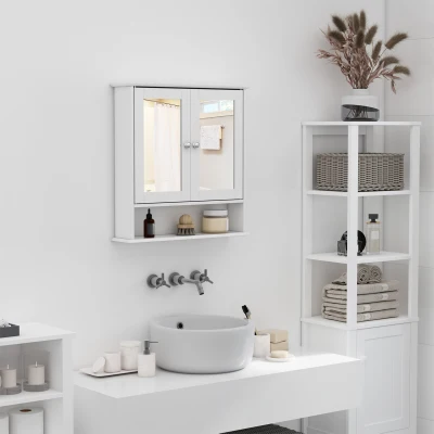 kleankin Armário de banheiro com parede de espelho com 2 portas 3 níveis de armazenamento de parede Cor Branco 56x13x58cm