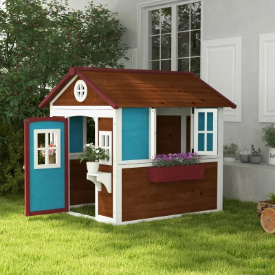 Outsunny Casita de Madera Infantil con Puerta Ventanas Jardineras y Repisas con Detalles de Color 114x126,4x135 cm Marrón Oscuro