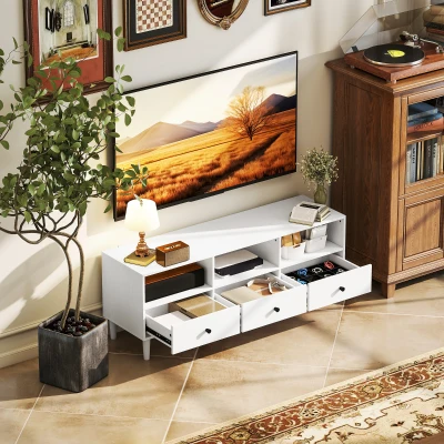 HOMCOM Móvel de TV Moderno com 3 Compartimentos Abertos 3 Gavetas para Televisão de 45/55/65 Polegadas 120x34x45 cm Branco