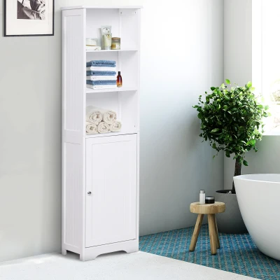 kleankin Armário de banheiro branco 5 níveis Prateleiras Coluna do banheiro com 3 prateleiras 1 porta de MDF  e resistente à água 40x38x160cm