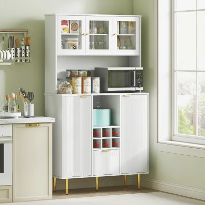 HOMCOM Alacena de Cocina Moderna con Armarios Cajón Botellero y Puertas de Vidrio y Estantes Ajustables 100x40x180 cm Blanco