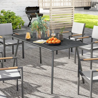 Outsunny Mesa de Jardim Retangular de Aço 150x80x74 cm Mesa de Refeição para Exterior com Desenho em Ripas Cinzento Escuro