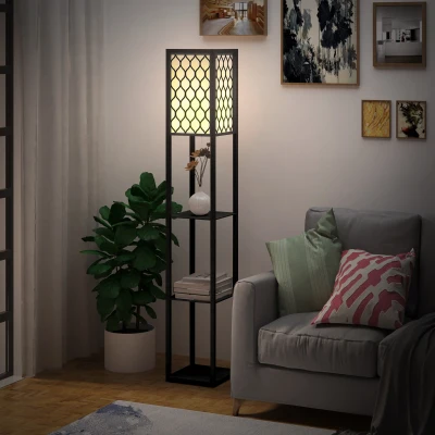 HOMCOM Lampadaire Noir Étagère MDF Motif Nid d'Abeille