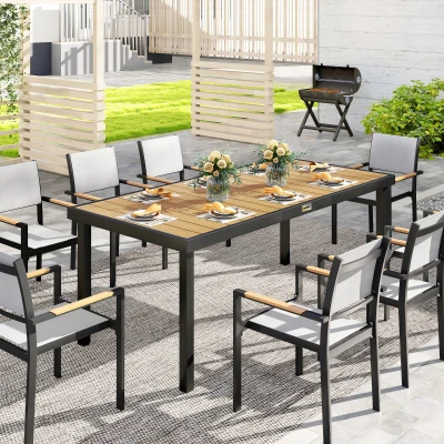 Outsunny Mesa de Jardim Retangular Mesa de Exterior para 8 Pessoas com Bancada de Ripas e Estrutura de Alumínio para Terraço Balcão 190x90x74cm Natural e Preto