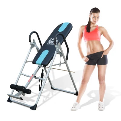 HOMCOM Opvouwbare Inversiebank Zwaartekrachttrainer met Veiligheidsgordel Verstelbare Inversiehoek tot 136kg Staal Zilver+Zwart+Blauw