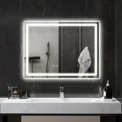 HOMCOM Lustro łazienkowe LED z funkcją przeciw zaparowaniu, 3 regulowane kolory światła, zegar, 600 x 800 mm, Srebrne