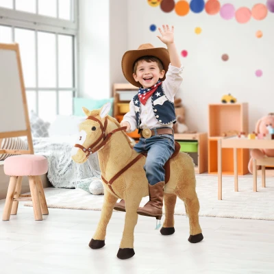 HOMCOM Caballo de Juguete para Niños de +2 Años con Sonidos y Estructura de Metal Carga 60kg 85x28x60 cm Beige
