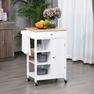 HOMCOM Carrinho de cozinha com 1 gaveta 1 armário 3 prateleiras abertas 66x39.5x86.5 cm Branco