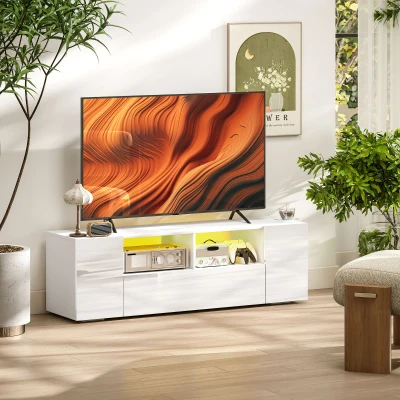 HOMCOM Meuble TV LED Blanc 60 Pouces 2 Étagères