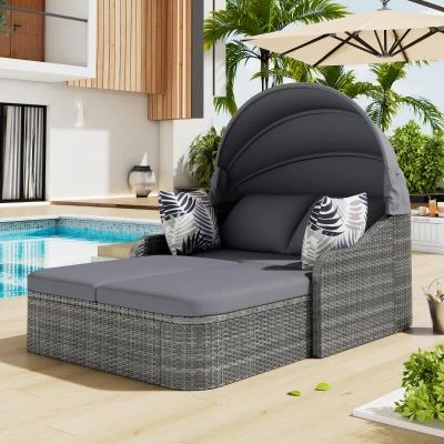 Ensemble de salon de jardin avec baldaquin réglable et 4 coussins, Gris