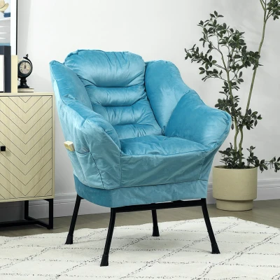 HOMCOM Moderner Akzentstuhl, Polsterstuhl mit Stahlbeinen und Seitentaschen, für Wohnzimmer, Schlafzimmer, Blau