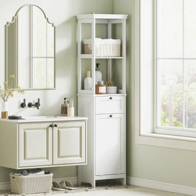 HOMCOM Tall Bathroom Cabinet with Tilt-Out Laundry Basket - White