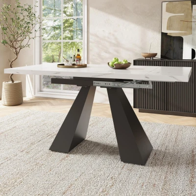Mesa de comedor extensible para sala de estar y oficina en casa 99-159x74x77 cm Blanco＋Negro