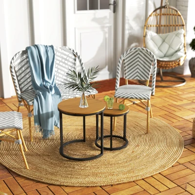 Outsunny Conjunto de 2 Mesas de Jardim com Bancada de Madeira de Acácia Design Ripas Mesas Auxiliares de Jardim Empilháveis Teca e Preto