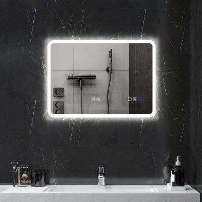 HOMCOM Espelho de Casa de Banho com Luz LED 70x50 cm Bluetooth 3 Cores de Luz Relógio Digital Função Antiembaciamento Função de Memória Prata