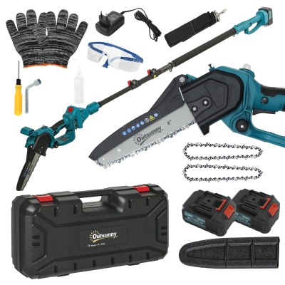 Outsunny Mini Motosierra Bateria 8 Pulgadas 6000mAh con 580W Motor sin Escobillas 2 Baterías Palo Telescópico para Podar Árboles