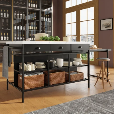 Isola cucina con spazio di conservazione e piano estraibile, Nero e Bianco