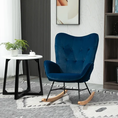 HOMCOM Schommelstoel met diamantsteppatroon, houten schommelvoeten, in velourslook, tot 150 kg, Blauw