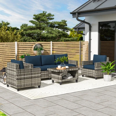 Outsunny 6pc Rattan Furniture Set 5-Seater Navy Blue