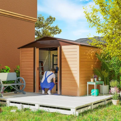 Outsunny Casetta da Giardino con Doppie Porte Scorrevoli Marrone