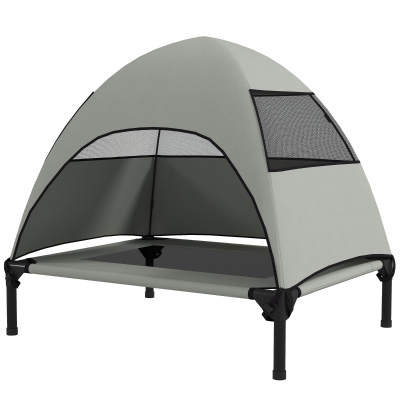 PawHut Leżanka dla Psa na Zewnątrz z Daszkiem, Podwyższone Łóżko dla Psów Średniej Wielkości, 76 x 61 x 71cm, Jasnoszary