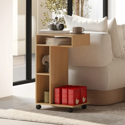 HOMCOM Mesa Auxiliar para Sofá Mesa Auxiliar en Forma de C con Ruedas Compartimentos Abiertos 40x30x69 cm Roble