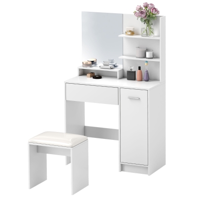 HOMCOM Coiffeuse Blanche avec Miroir, Tabouret et Rangement