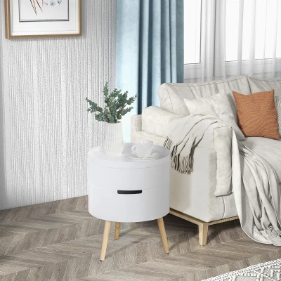 HOMCOM Mesita de noche - mesa de centro con 2 compartimentos de almacenamiento - tapa de MDF - dim. Ø 38 x 48 cm - blanco