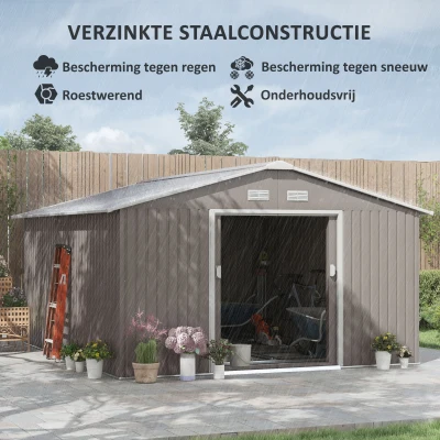 Outsunny Tuinschuur, Weerbestendig Tuinhuis voor Tuingereedschap, met Ventilatieramen, Schuifdeuren, Staal, Lichtgrijs
