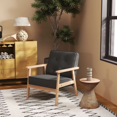 HOMCOM Einzelsofa Loungesessel Polsterstuhl mit Armlehnen Holzrahmen Leinen Grau 64,5 x 70 x 74 cm