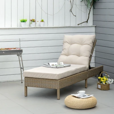 Outsunny Sonneliege aus PE-Rattan, Gartenliege, verstellbare Rückenlehne, abnehmbare Polster, Natur + Cremeweiß
