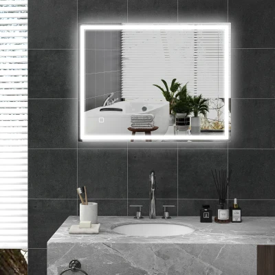 HOMCOM Badspiegel mit Beleuchtung 90x70 cm LED Spiegel Wandspiegel mit Memory-Funktion 3 Lichtfarben Silber