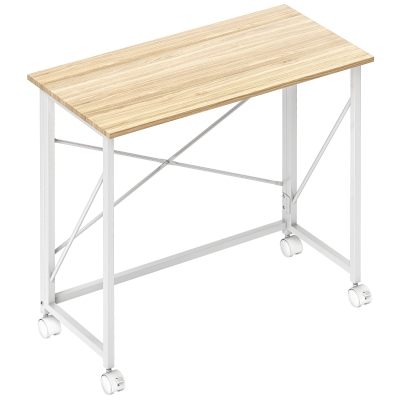 HOMCOM Escritorio Plegable con Ruedas y Estructura Resistente Ideal para Oficina y Estudio 80x40x75 cm Natural y Blanco