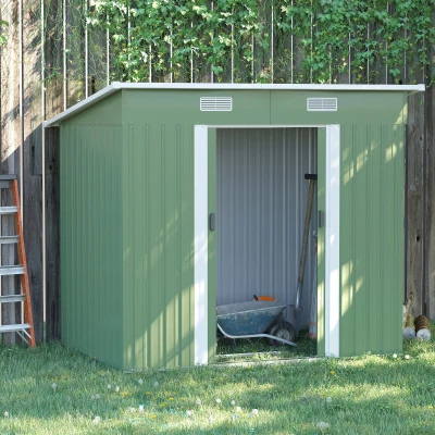 Outsunny Metalowy Schowek 2,3 m² 207 x 130 x 182 cm z Dachem Pultowym Oknem Fundamentem Drzwi Przesuwnymi Zielony