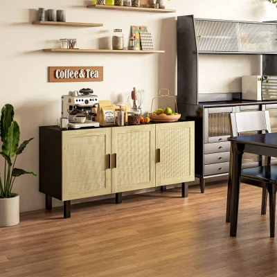 HOMCOM Meuble de rangement avec placards à portes effet cannage, étagères réglables, 136 x 41 x 70 cm, noir et bois naturel